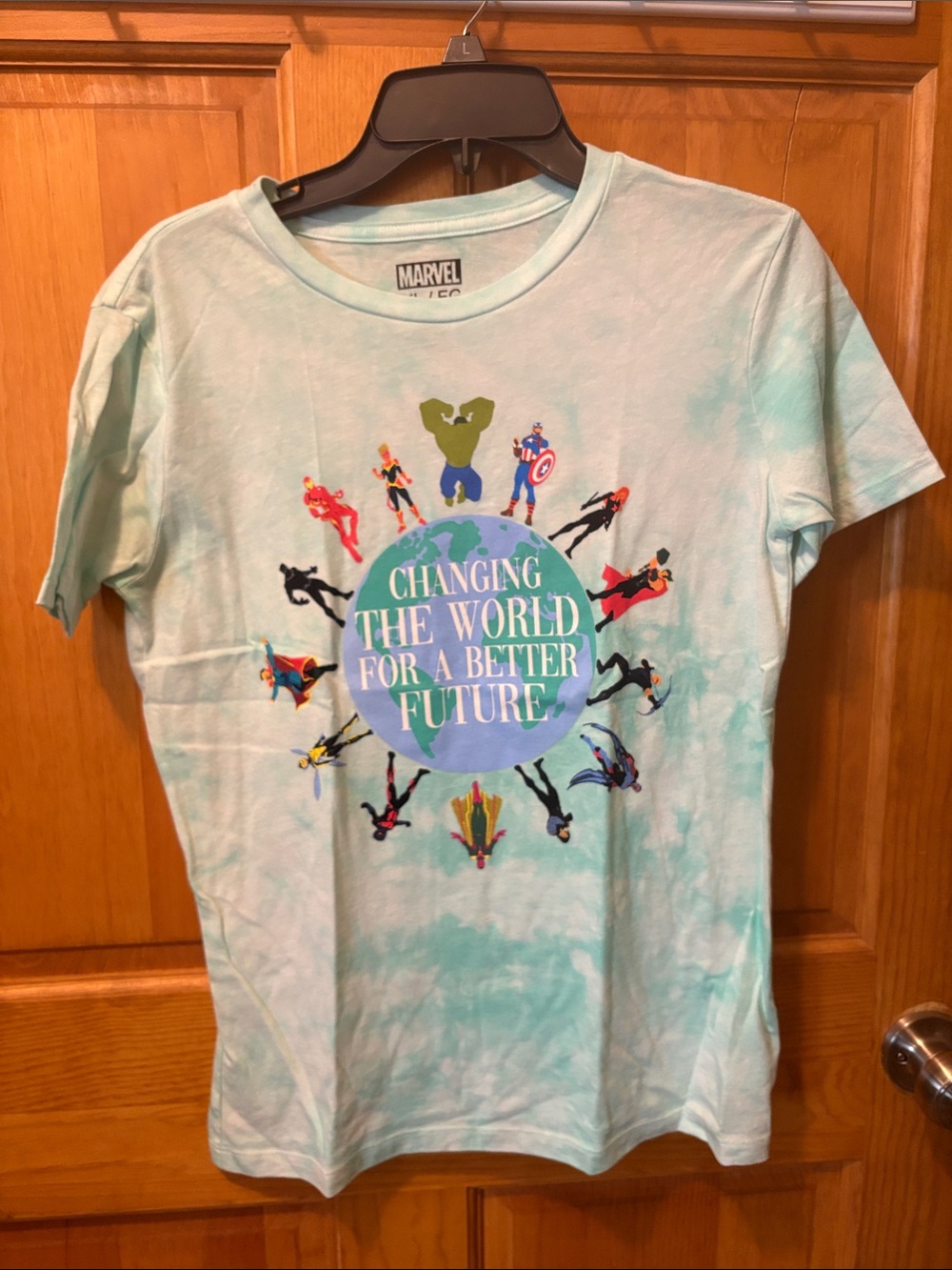 Marvel Kids Short Sleeve Tee Light Aqua Tie-Dye with Superhero Globe Print